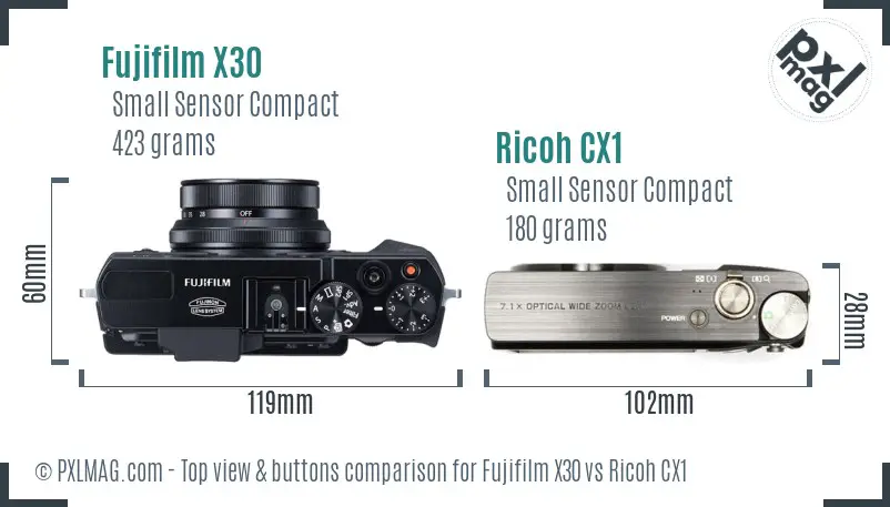 Fujifilm X30 vs Ricoh CX1 top view buttons comparison
