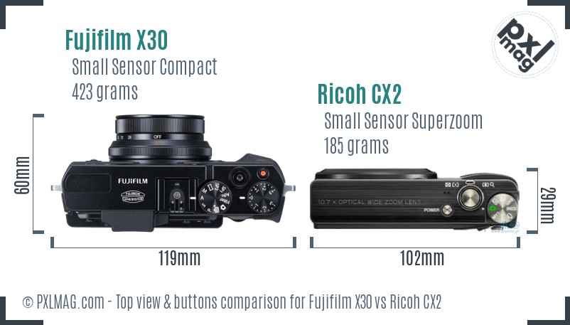 Fujifilm X30 vs Ricoh CX2 top view buttons comparison