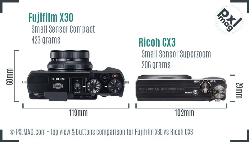 Fujifilm X30 vs Ricoh CX3 top view buttons comparison