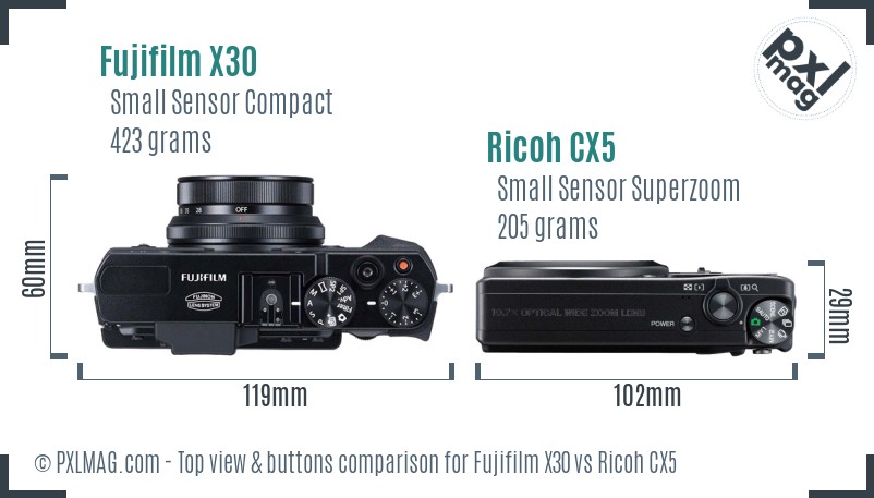 Fujifilm X30 vs Ricoh CX5 top view buttons comparison