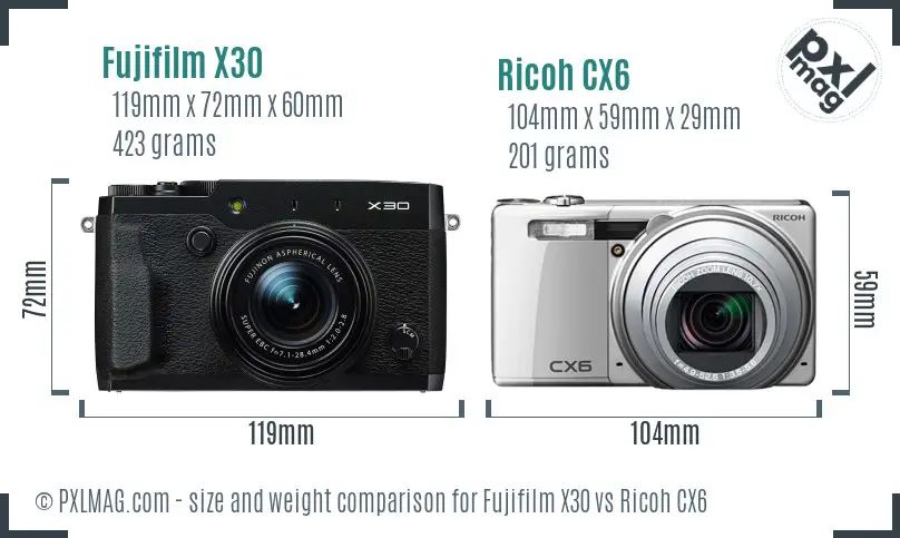 Fujifilm X30 vs Ricoh CX6 size comparison