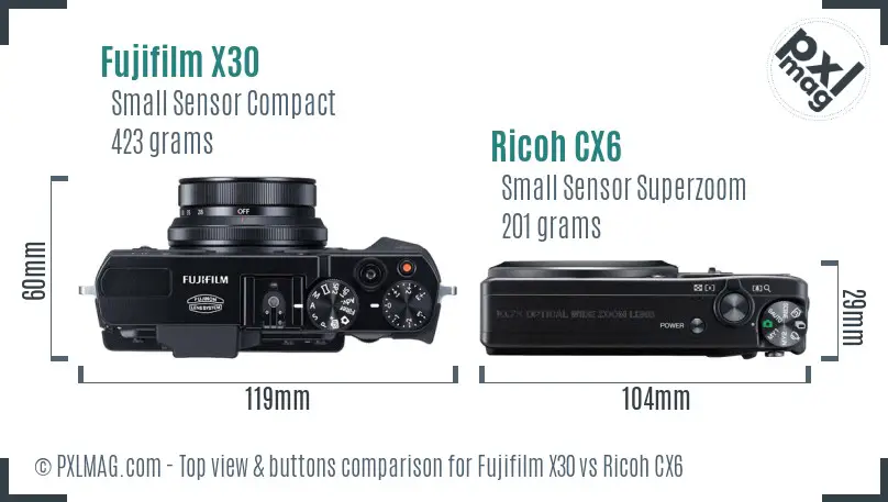 Fujifilm X30 vs Ricoh CX6 top view buttons comparison