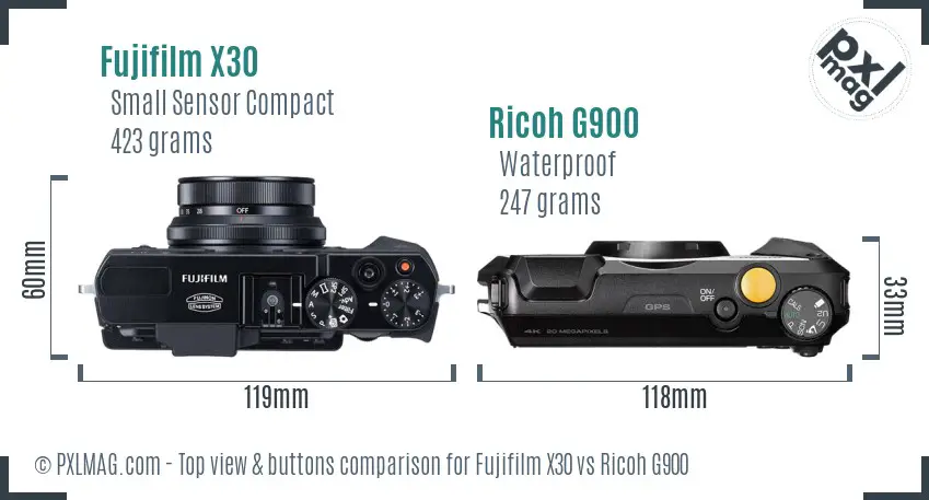 Fujifilm X30 vs Ricoh G900 top view buttons comparison