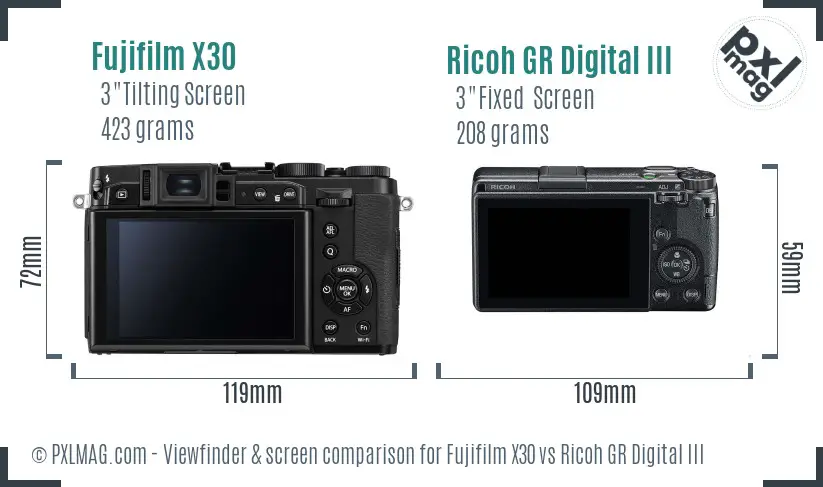 Fujifilm X30 vs Ricoh GR Digital III Screen and Viewfinder comparison