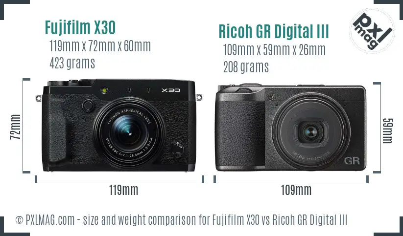 Fujifilm X30 vs Ricoh GR Digital III size comparison