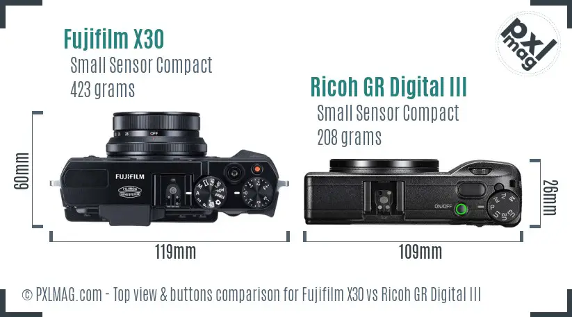 Fujifilm X30 vs Ricoh GR Digital III top view buttons comparison