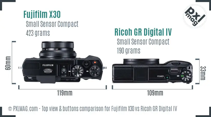 Fujifilm X30 vs Ricoh GR Digital IV top view buttons comparison