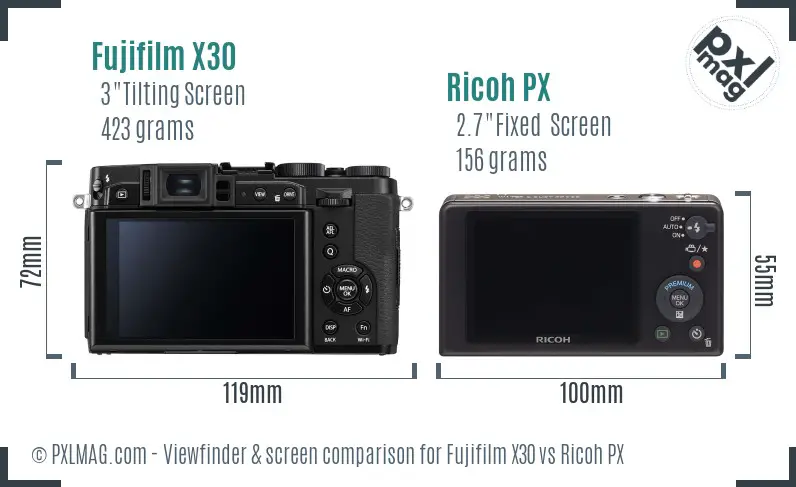Fujifilm X30 vs Ricoh PX Screen and Viewfinder comparison