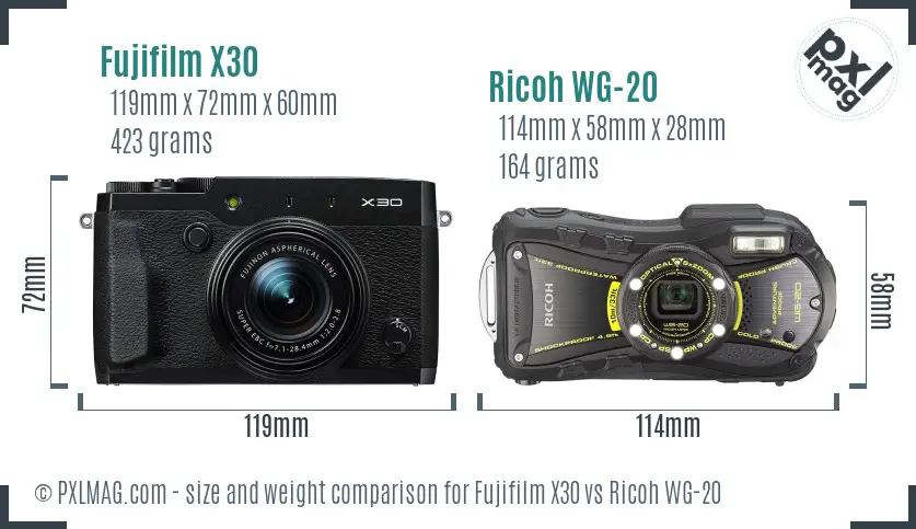 Fujifilm X30 vs Ricoh WG-20 size comparison