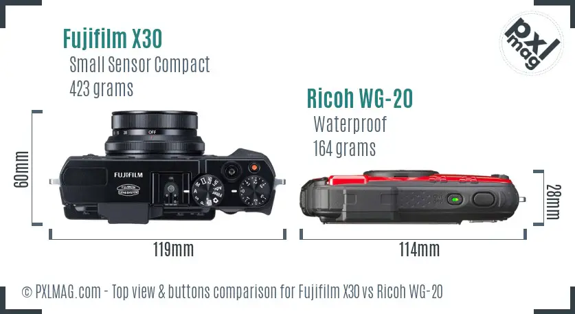 Fujifilm X30 vs Ricoh WG-20 top view buttons comparison