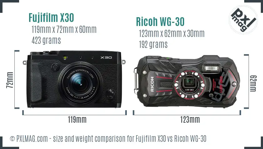 Fujifilm X30 vs Ricoh WG-30 size comparison