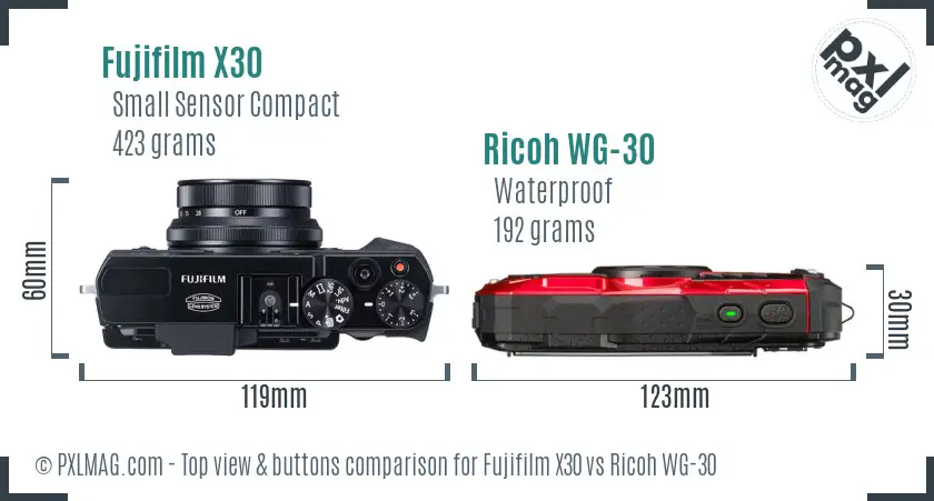 Fujifilm X30 vs Ricoh WG-30 top view buttons comparison