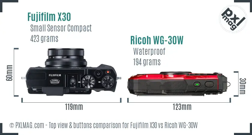 Fujifilm X30 vs Ricoh WG-30W top view buttons comparison Fujifilm X30 vs Ricoh WG-30W top view buttons comparison