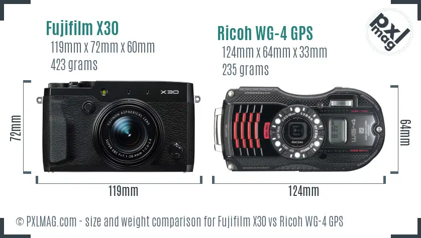 Fujifilm X30 vs Ricoh WG-4 GPS size comparison