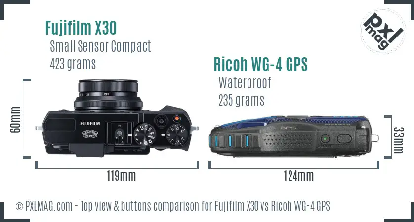 Fujifilm X30 vs Ricoh WG-4 GPS top view buttons comparison