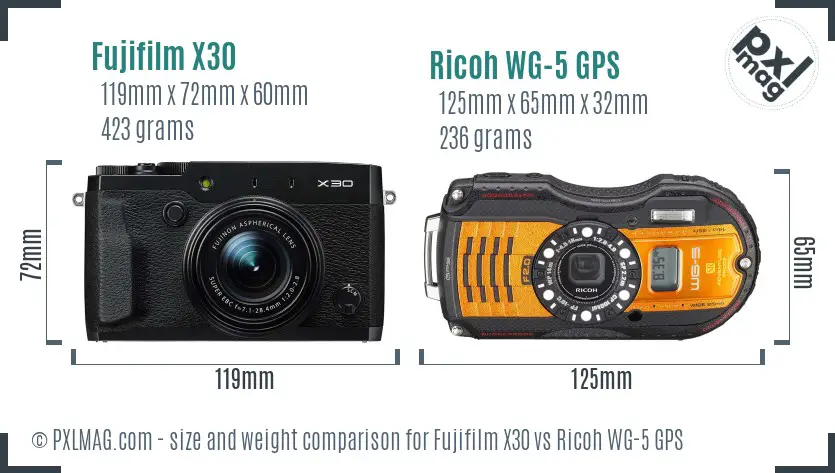 Fujifilm X30 vs Ricoh WG-5 GPS size comparison