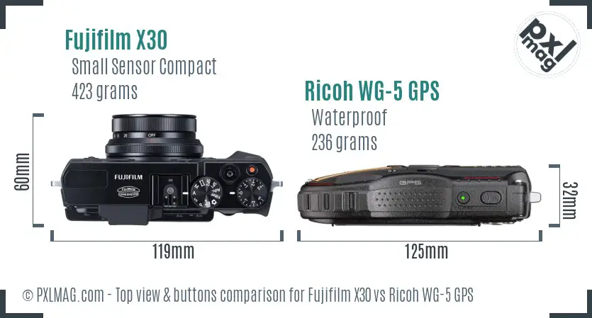 Fujifilm X30 vs Ricoh WG-5 GPS top view buttons comparison