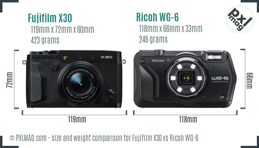 Fujifilm X30 vs Ricoh WG-6 size comparison
