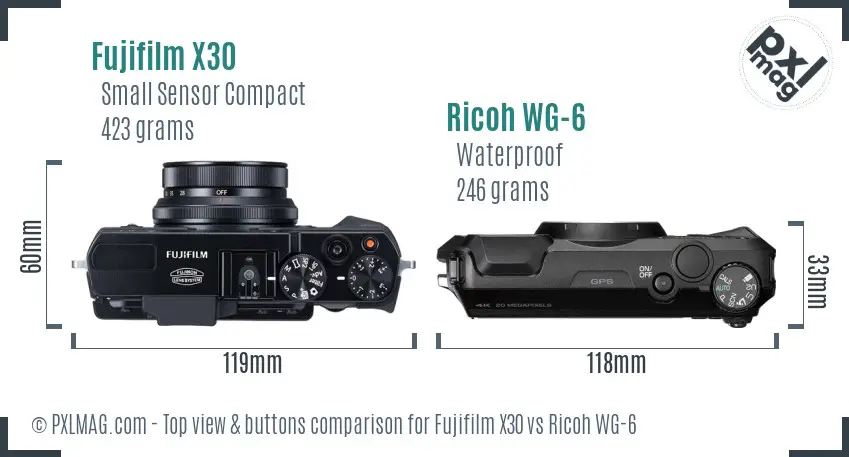 Fujifilm X30 vs Ricoh WG-6 top view buttons comparison