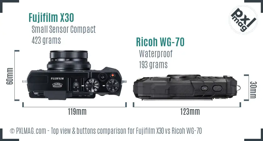 Fujifilm X30 vs Ricoh WG-70 top view buttons comparison Fujifilm X30 vs Ricoh WG-70 top view buttons comparison