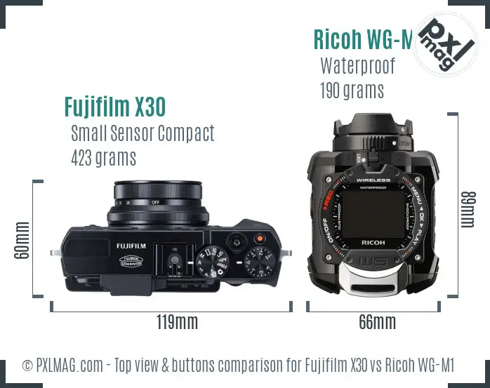 Fujifilm X30 vs Ricoh WG-M1 top view buttons comparison