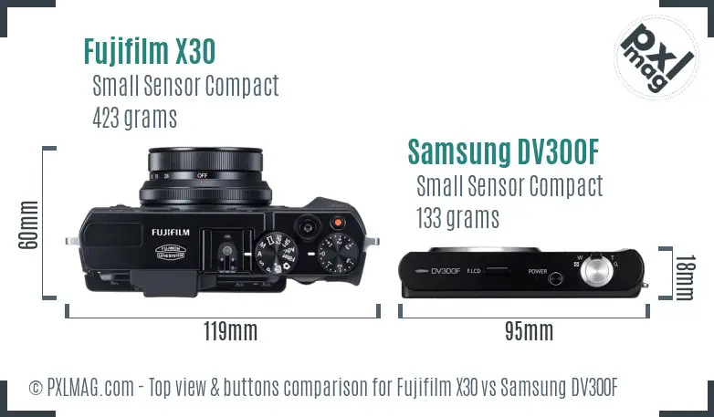 Fujifilm X30 vs Samsung DV300F top view buttons comparison