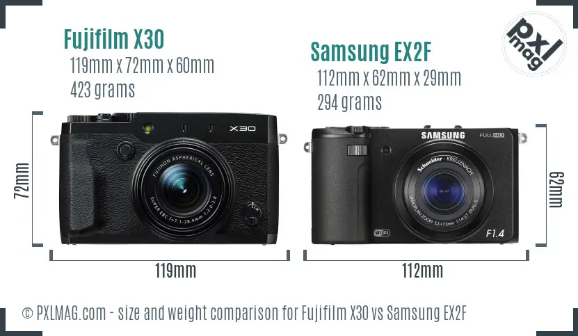 Fujifilm X30 vs Samsung EX2F size comparison