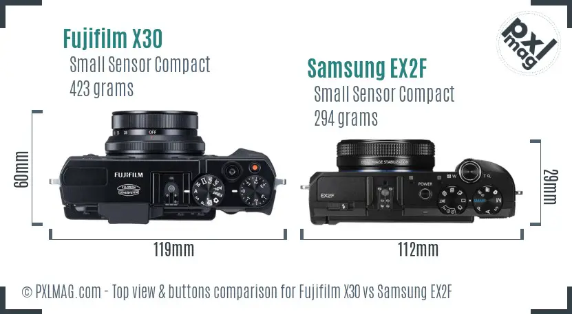 Fujifilm X30 vs Samsung EX2F top view buttons comparison