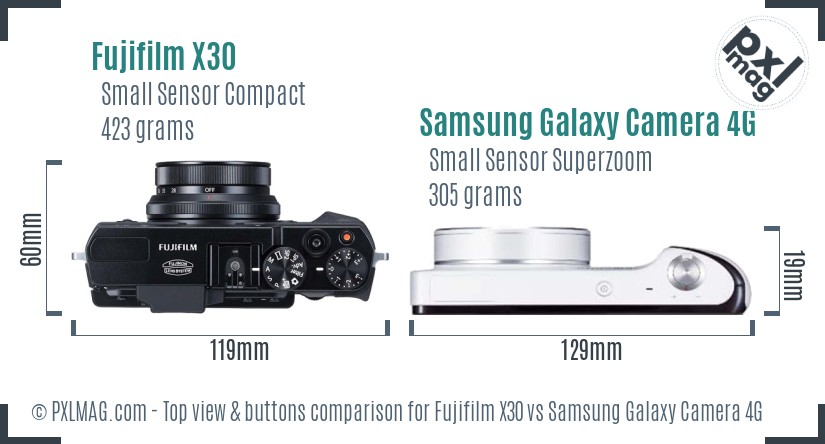 Fujifilm X30 vs Samsung Galaxy Camera 4G top view buttons comparison