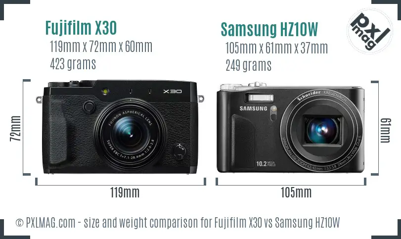 Fujifilm X30 vs Samsung HZ10W size comparison