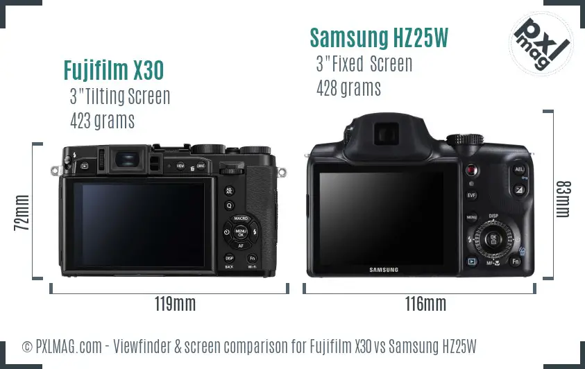 Fujifilm X30 vs Samsung HZ25W Screen and Viewfinder comparison