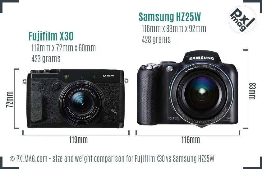 Fujifilm X30 vs Samsung HZ25W size comparison