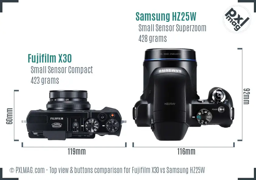 Fujifilm X30 vs Samsung HZ25W top view buttons comparison