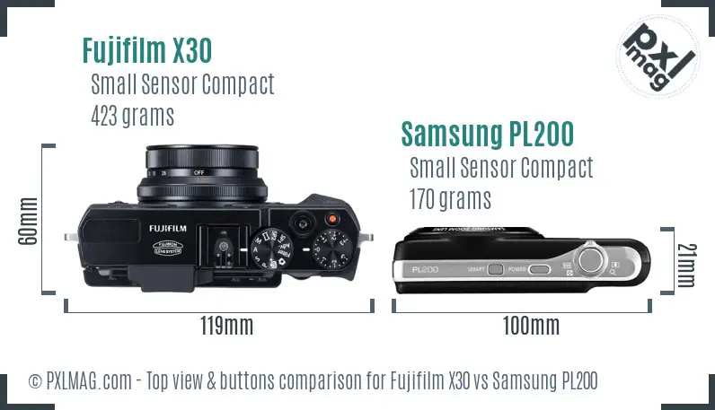 Fujifilm X30 vs Samsung PL200 top view buttons comparison