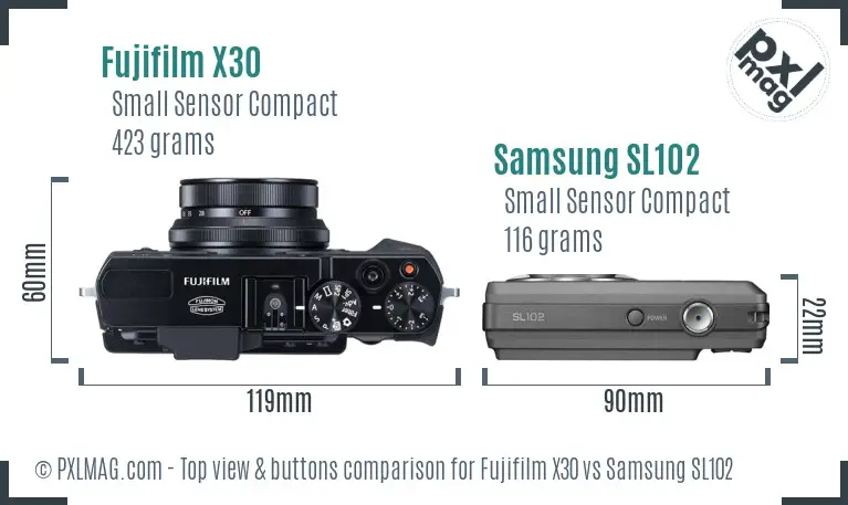 Fujifilm X30 vs Samsung SL102 top view buttons comparison