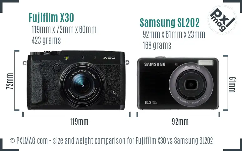 Fujifilm X30 vs Samsung SL202 size comparison