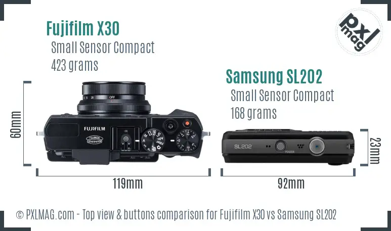Fujifilm X30 vs Samsung SL202 top view buttons comparison