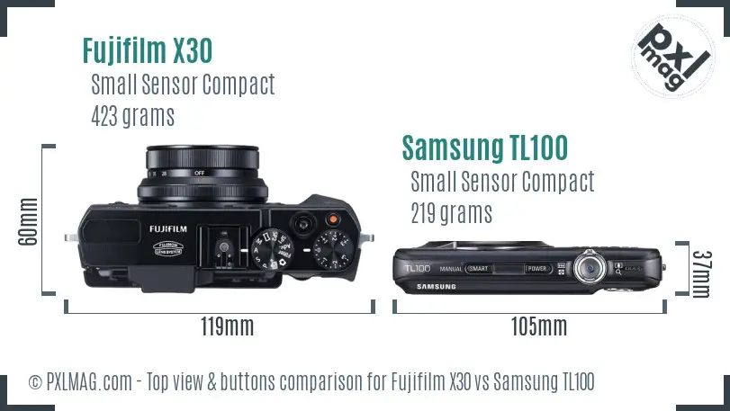 Fujifilm X30 vs Samsung TL100 top view buttons comparison
