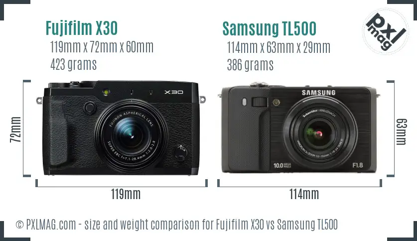 Fujifilm X30 vs Samsung TL500 size comparison