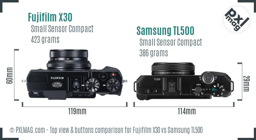 Fujifilm X30 vs Samsung TL500 top view buttons comparison