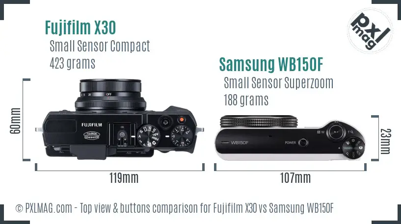 Fujifilm X30 vs Samsung WB150F top view buttons comparison
