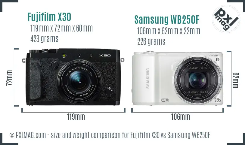 Fujifilm X30 vs Samsung WB250F size comparison