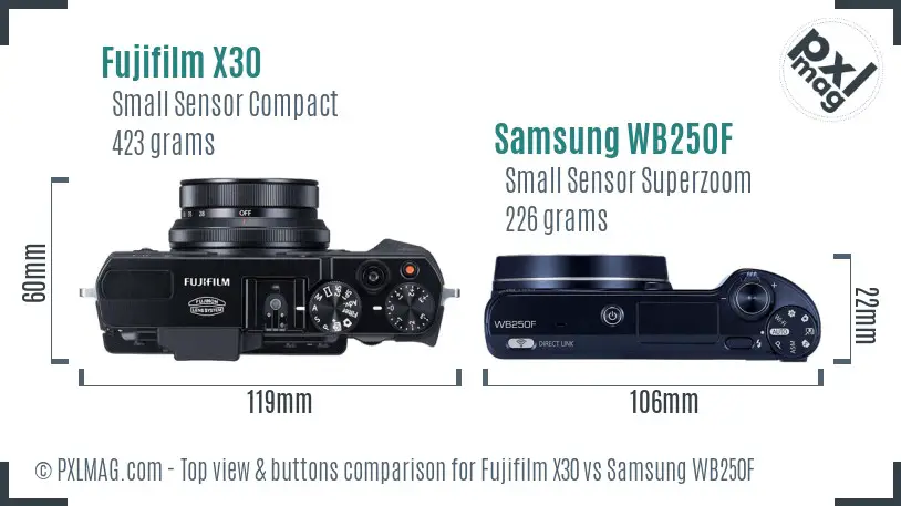 Fujifilm X30 vs Samsung WB250F top view buttons comparison