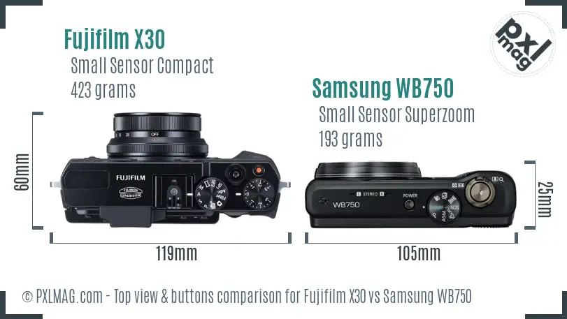 Fujifilm X30 vs Samsung WB750 top view buttons comparison