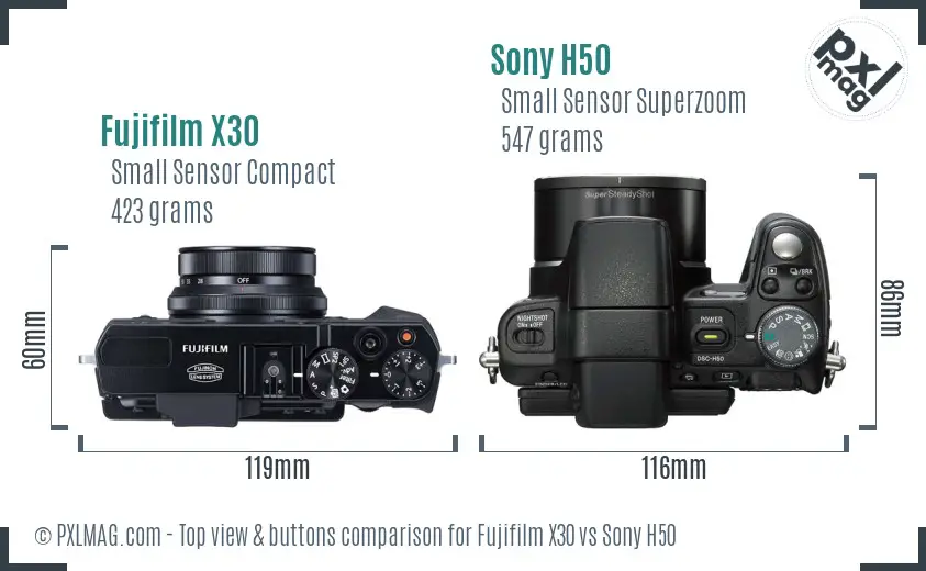 Fujifilm X30 vs Sony H50 top view buttons comparison Fujifilm X30 vs Sony H50 top view buttons comparison