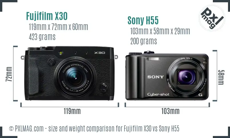 Fujifilm X30 vs Sony H55 size comparison