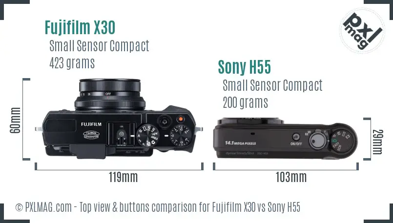 Fujifilm X30 vs Sony H55 top view buttons comparison
