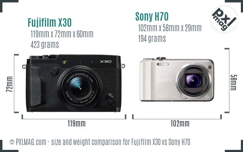 Fujifilm X30 vs Sony H70 size comparison