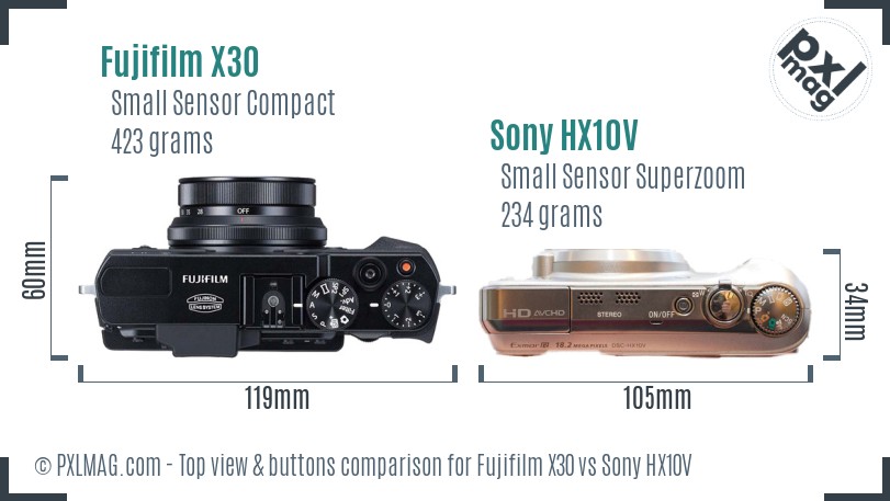 Fujifilm X30 vs Sony HX10V top view buttons comparison