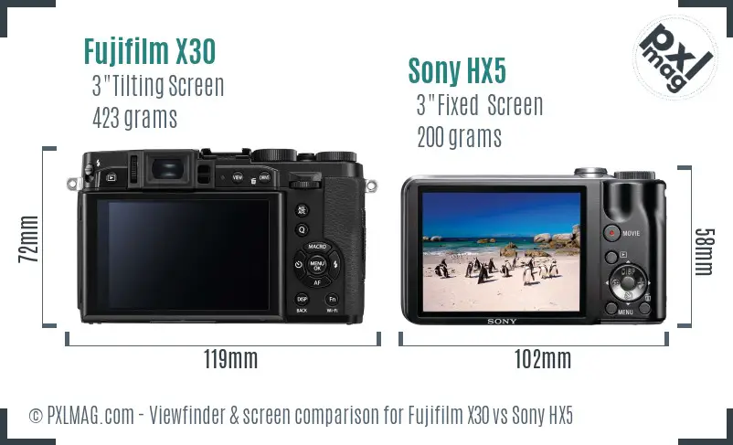 Fujifilm X30 vs Sony HX5 Screen and Viewfinder comparison